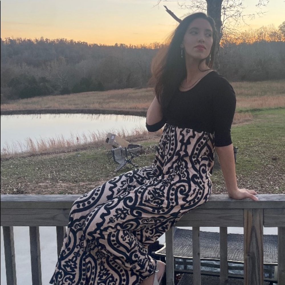 Beautiful taupe and black arabesque maxi dress